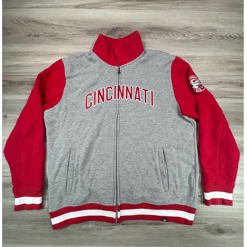 47 Brand Cincinnati Reds Mr Redlegs Varsity‎ Full Zip Fleece Jacket Gray Mens XL